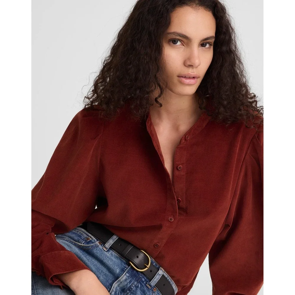 Madewell Puff Sleeve Button Up Shirt Womens Medium Corduroy Redwood‎ Burgundy